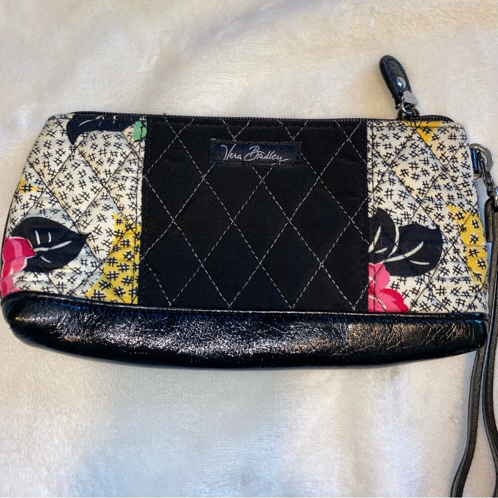 Vera Bradley Black Quilted Floral Wristlet with Pink & Yellow Accents NWOT